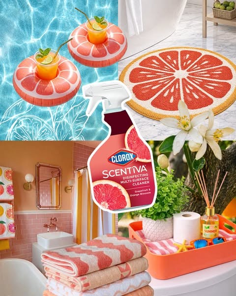 Clorox Scentiva grapefruit collage: pool floats, striped towels, spray bottle