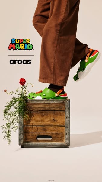 Super Mario x Crocs ad: Yoshi clog stepping on a wooden crate