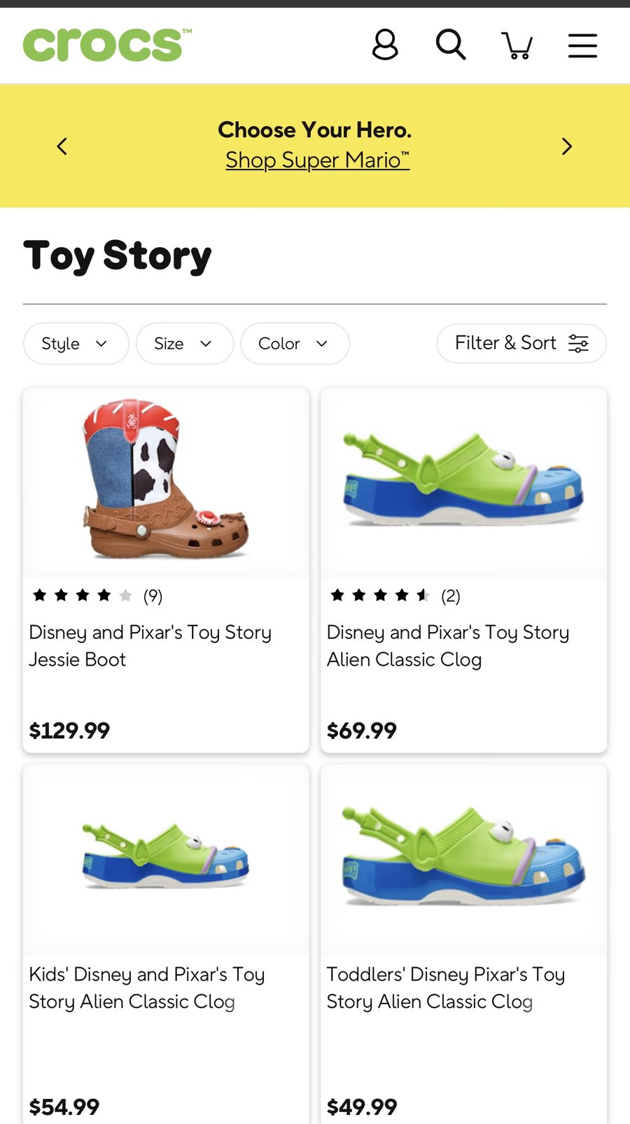crocs.com Toy Story collection page with Alien and Buzz clogs