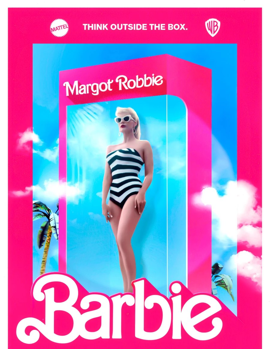 Barbie movie poster: Margot Robbie in a doll box, Think outside the box