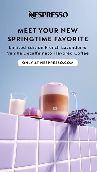 Nespresso ad: French Lavender and Vanilla Decaffeinato latte on lavender tiles