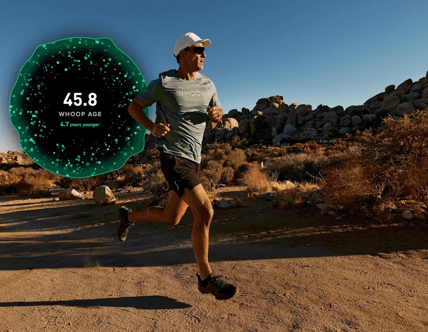 WHOOP athlete running with WHOOP Age recovery ring overlay